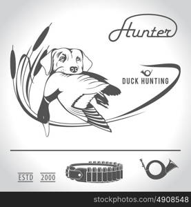 Hunting logo hunting dog with a wild duck in his teeth and design elements. The outfit of the hunter.