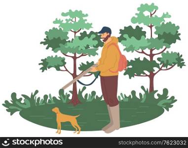 Hunting man with retriever, side and full length view of hunter male shooting in forest. Person holding weapon, green tree and grass, hunting to animal vector. Hobby Hunting to Animal, Man with Weapon Vector