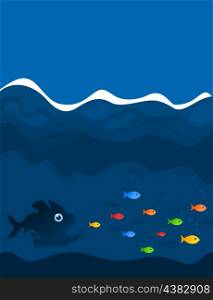 Hunting of fishes. Predatory fish hunts on small fishes. A vector illustration