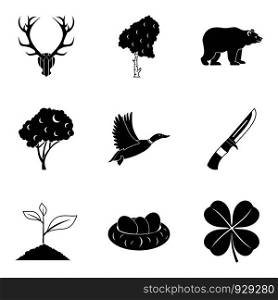 Hunting party icons set. Simple set of 9 hunting party vector icons for web isolated on white background. Hunting party icons set, simple style