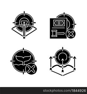 Hunting provisions and restrictions black glyph icons set on white space. Archery. Bow and crossbow. Illegal whaling. Wildlife protection act. Silhouette symbols. Vector isolated illustration. Hunting provisions and restrictions black glyph icons set on white space