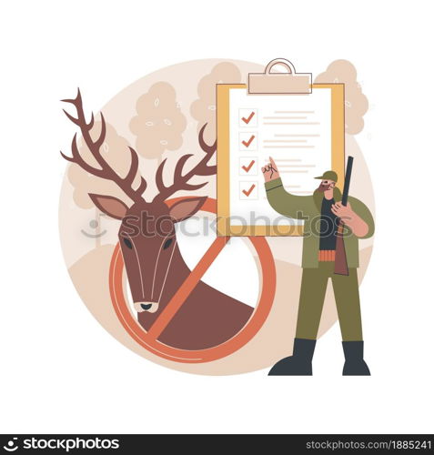 Hunting regulations abstract concept vector illustration. Rules and regulations, gun use restriction, hunting law, license and fees, seasonal shooting limit, game species list abstract metaphor.. Hunting regulations abstract concept vector illustration.