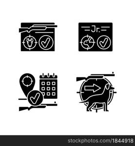Hunting regulations black glyph icons set on white space. Resident and junior hunting license. Hunt season. Pursue and capture game with dog. Silhouette symbols. Vector isolated illustration. Hunting regulations black glyph icons set on white space