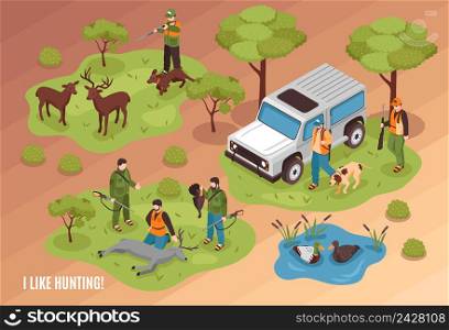 Hunting scene isometric composition with killed game animals jeep dogs and shooter aiming at deer vector illustration . Hunting Scene Isometric