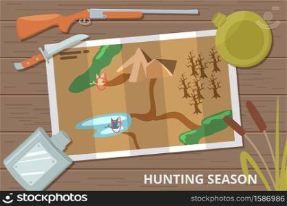 Hunting season vector background with map on wood table and hunting equipment. Illustration of map explore hunting, weapon and knife. Hunting season vector background with map on wood table and hunting equipment