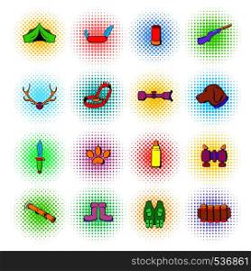 Hunting set icons in comics style on a white background . Hunting set icons, comics style