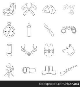 Hunting set icons in outline style isolated on white background. Hunting icon set outline