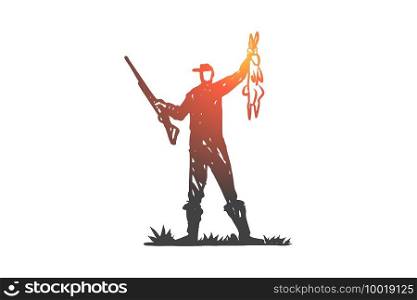 Hunting, shot, rifle, prey, wild concept. Hand drawn hunter shot prey concept sketch. Isolated vector illustration.. Hunting, shot, rifle, prey, wild concept. Hand drawn isolated vector.