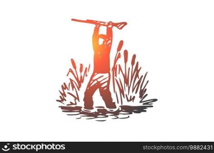 Hunting, sneaking, rifle, sport, weapon concept. Hand drawn hunter sneaks through the reeds concept sketch. Isolated vector illustration.. Hunting, sneaking, rifle, sport, weapon concept. Hand drawn isolated vector.