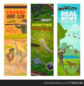 Hunting sport banners with vector hunters, animals, hunt equipment and ammunition. Hunter with gun and rifle, ducks and deer, african safari lion, elephant and jaguar, dog, compass and binoculars. Hunter, hunting animal and equipment banners