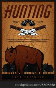 Hunting sport old grunge banner with wild bison animal. Brown buffalo or ox bull retro poster with hunter knife, binoculars and vintage compass rose for hunt animal open season design. Hunting sport vintage banner with bison animal