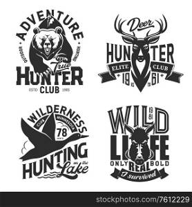 Hunting sport t-shirt prints, isolated vector monochrome icons. Wild animals chase t-shirt print templates. Hunting outdoor adventure deer antlers, grizzly bear, boar and flying duck. Hunting sport t-shirt prints, vector