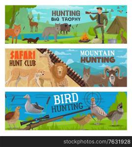 Hunting sport vector banners of hunter, gun, animal and bird. Hunt equipment, huntsman rifle target and ammunition, safari lion, cheetah, forest wolf and deer, lake duck, goose and quail, boar and fox. Hunting sport, hunter, gun, animal, bird banners