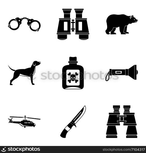 Hunting stuff icons set. Simple set of 9 hunting stuff vector icons for web isolated on white background. Hunting stuff icons set, simple style
