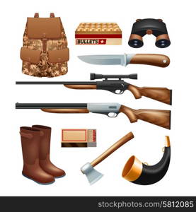 Hunting tackle and equipment icons set. Hunting tackle and equipment icons set with rifles knives and survival kit isolated vector illustration