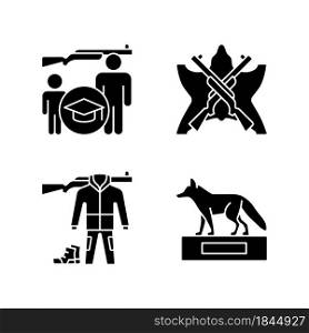 Hunting trophy and equipment black glyph icons set on white space. Hunting junior education. Taxidermy. Hunt trophy. Apparel and equipment. Silhouette symbols. Vector isolated illustration. Hunting trophy and equipment black glyph icons set on white space