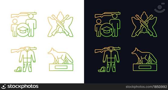 Hunting trophy and equipment gradient icons set for dark and light mode. Hunt trophy. Thin line contour symbols bundle. Isolated vector outline illustrations collection on black and white. Hunting trophy and equipment gradient icons set for dark and light mode