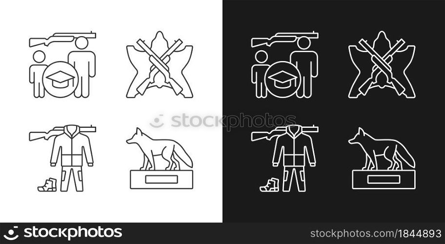 Hunting trophy and equipment linear icons set for dark and light mode. Hunting junior education. Customizable thin line symbols. Isolated vector outline illustrations. Editable stroke. Hunting trophy and equipment linear icons set for dark and light mode