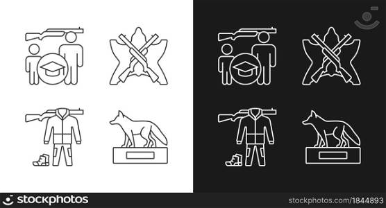 Hunting trophy and equipment linear icons set for dark and light mode. Hunting junior education. Customizable thin line symbols. Isolated vector outline illustrations. Editable stroke. Hunting trophy and equipment linear icons set for dark and light mode