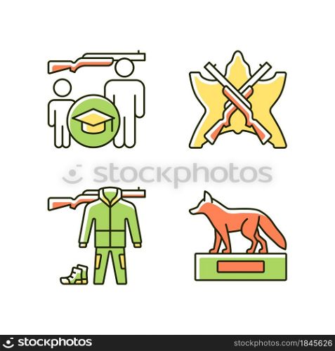 Hunting trophy and equipment RGB color icons set. Hunting junior education. Taxidermy. Hunt trophy. Apparel and equipment. Isolated vector illustrations. Simple filled line drawings collection. Hunting trophy and equipment RGB color icons set