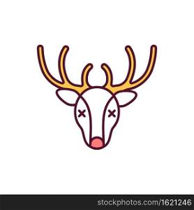 Hunting trophy RGB color icon. Dead reindeer. Deer head for wall. Poaching, nature damage. shot doe. Stop animal abuse. Stag with antlers. Wildlife conservation. Isolated vector illustration. Hunting trophy RGB color icon