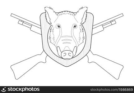 Hunting trophy. Stuffed taxidermy wild boar head with big tusks in wood shield. 2 crossed shotguns. Line-art illustration isolated on white. Hunting trophy. Boar head. Contour