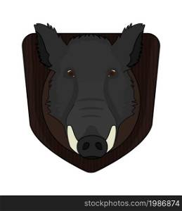 Hunting trophy. Stuffed taxidermy wild boar head with big tusks in wood shield. Color illustration isolated on white. Boar head in wood shield. Color
