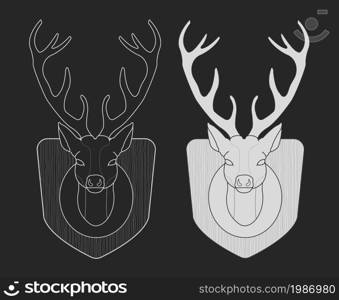 Hunting trophy. Taxidermy dummy deer head on wood shield. Chalk illustration isolated on blackboard. Hunting trophy. Taxidermy dummy deer head
