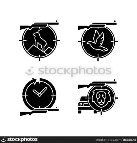 Hunting types black glyph icons set on white space. Mountain hunting. Pigeon shooting. Day and night hunt. African safari. Pursue prey. Silhouette symbols. Vector isolated illustration. Hunting types black glyph icons set on white space