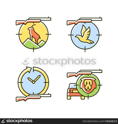 Hunting types RGB color icons set. Mountain hunting. Pigeon shooting. Day and night hunt. African safari. Pursue prey. Isolated vector illustrations. Simple filled line drawings collection. Hunting types RGB color icons set