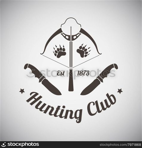 Hunting Vintage Emblem. Crossbow With Two Knifes and Bear Trails. Suitable for Advertising, Hunt Equipment, Club And Other Use. Dark Brown Retro Style. Vector Illustration.