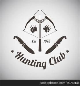 Hunting Vintage Emblem. Crossbow With Two Knifes and Bear Trails. Suitable for Advertising, Hunt Equipment, Club And Other Use. Dark Brown Retro Style. Vector Illustration.