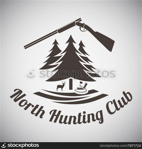Hunting Vintage Emblem. Opened Hunting Gun, Fir Tree, Deer Silhouette and Trap. Suitable for Advertising, Hunt Equipment, Club And Other Use. Dark Brown Retro Style. Vector Illustration.