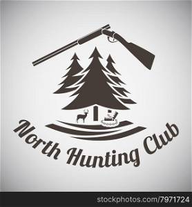 Hunting Vintage Emblem. Opened Hunting Gun, Fir Tree, Deer Silhouette and Trap. Suitable for Advertising, Hunt Equipment, Club And Other Use. Dark Brown Retro Style. Vector Illustration.