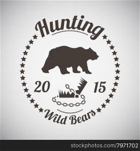 Hunting Vintage Emblem. Wild Bear Silhouette With Opened Trap. Suitable for Advertising, Hunt Equipment, Club And Other Use. Dark Brown Retro Style. Vector Illustration.