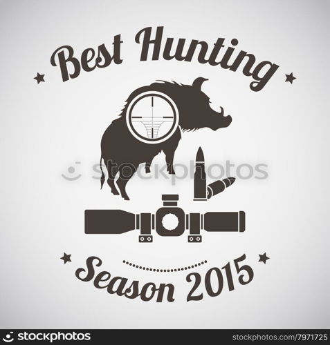 Hunting Vintage Emblem. Wild Boar Silhouette With Scope on It and Rifle Ammo. Suitable for Advertising, Hunt Equipment, Club And Other Use. Dark Brown Retro Style. Vector Illustration.