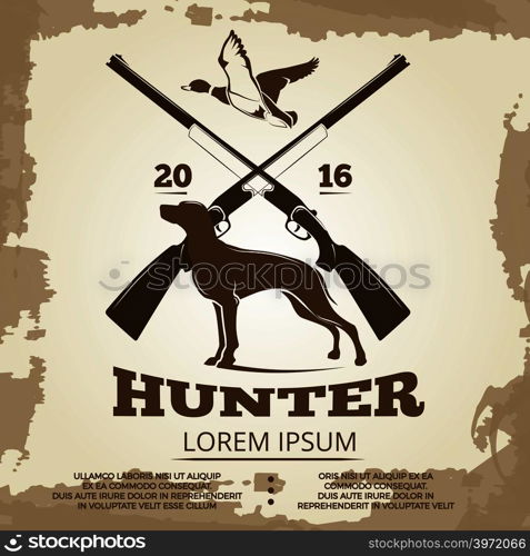 Hunting vintage poster design with guns, dog and duck. Hunt banner vector illustration. Hunting vintage poster design with guns, dog and duck