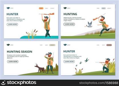 Hunting web pages. Hunter with gun, dog, ducks vector banners. Hunting to duck, man with shotgun illustration. Hunting web pages. Hunter with gun, dog, ducks vector banners