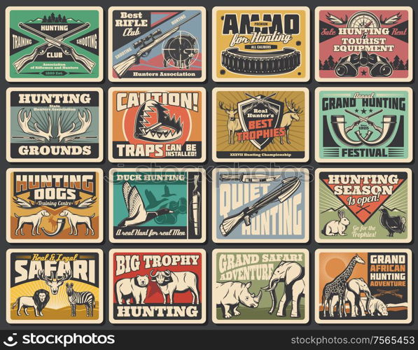 Hunting wild animals, equipment and ammunition. Vector trap and binoculars, bandoleer, crossbow and horn, elephant, lion and zebra, bear, buffalo and rabbit, ducks and blackcock fowl. Hunting sport ammunition and equipment, animals