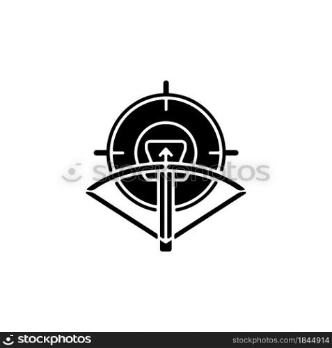 Hunting with crossbow black glyph icon. Archery season. Use camouflage and game call to attract prey. Pursue and kill wild animal. Silhouette symbol on white space. Vector isolated illustration. Hunting with crossbow black glyph icon