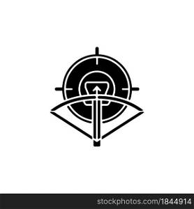 Hunting with crossbow black glyph icon. Archery season. Use camouflage and game call to attract prey. Pursue and kill wild animal. Silhouette symbol on white space. Vector isolated illustration. Hunting with crossbow black glyph icon