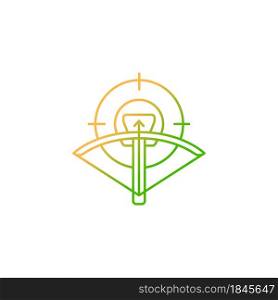 Hunting with crossbow gradient linear vector icon. Archery season. Use camouflage and game call to attract prey. Thin line color symbol. Modern style pictogram. Vector isolated outline drawing. Hunting with crossbow gradient linear vector icon