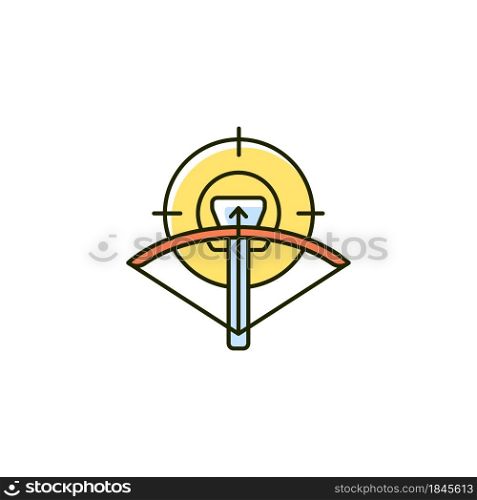 Hunting with crossbow RGB color icon. Archery season. Use camouflage and game call to attract prey. Pursue and kill wild animal. Isolated vector illustration. Simple filled line drawing. Hunting with crossbow RGB color icon