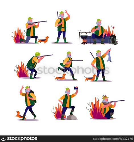 Hunting with dog set. Hunter shooting riffle, fighting gun, cooking over fire outdoors, taking selfie. People concept. Vector illustration for topics like activity, hobby active lifestyle