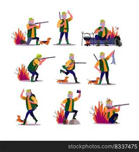 Hunting with dog set. Hunter shooting riffle, fighting gun, cooking over fire outdoors, taking selfie. People concept. Vector illustration for topics like activity, hobby active lifestyle