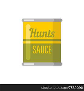 Hunts. Canned. Tinned goods product stuff, preserved food, supplied in a sealed can. Isolated. Vector flat illustration
