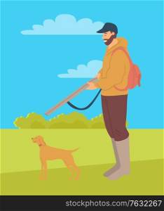 Huntsman with rifle and hunting dog pointer isolated. Vector bearded man and puppy purebred for hunt, pedigree hound or retriever in flat style. Hunting Dog Pointer Isolated Cartoon Animal Vector