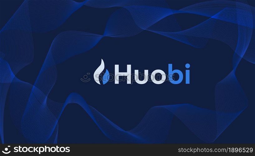 Huobi cryptocurrency stock market name with logo on abstract digital background. Crypto stock exchange for news and media. Vector EPS10.
