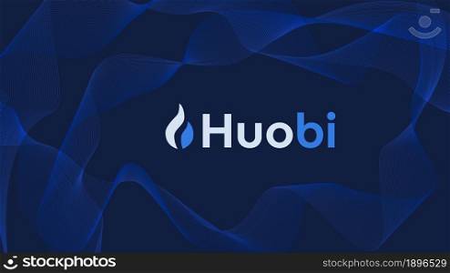 Huobi cryptocurrency stock market name with logo on abstract digital background. Crypto stock exchange for news and media. Vector EPS10.