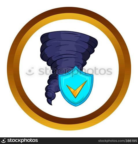 Hurricane and sky blue shield with tick vector icon in golden circle, cartoon style isolated on white background. Hurricane vector icon